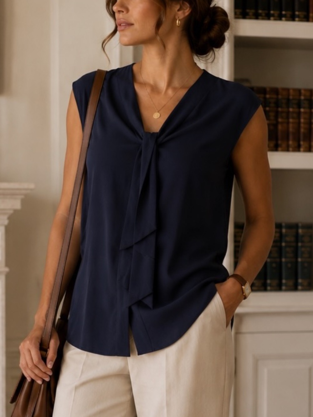 Joe Fresh Sleeveless Blouse Womens Size XS Navy Blue Silk Blend Old money